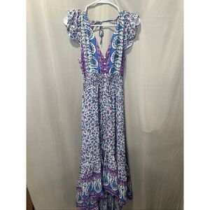 Walker & Wade Floral Boho Maxi Dress Ruffle Sleeve Low Back Hi-Low XS